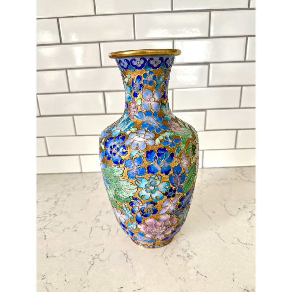 VINTAGE CLOISONNE ENAMELED VASE brass Floral